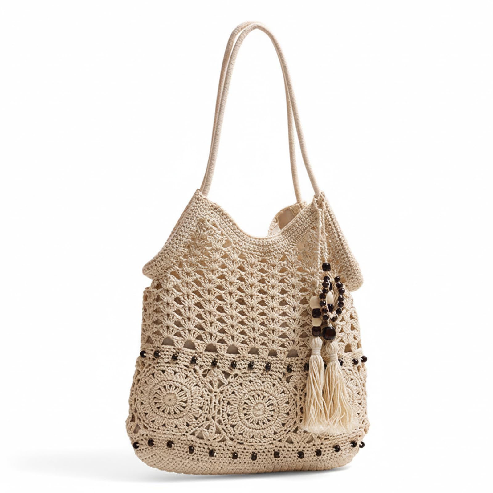 Whyzsjnclg Unisex Beige Crochet Bag, Crochet Bag Bohemian Beach With Wooden Bead Tassels, Large Woven Tote For Women, Lightweight Cotton Boho Handbag For Vacation & Summer
