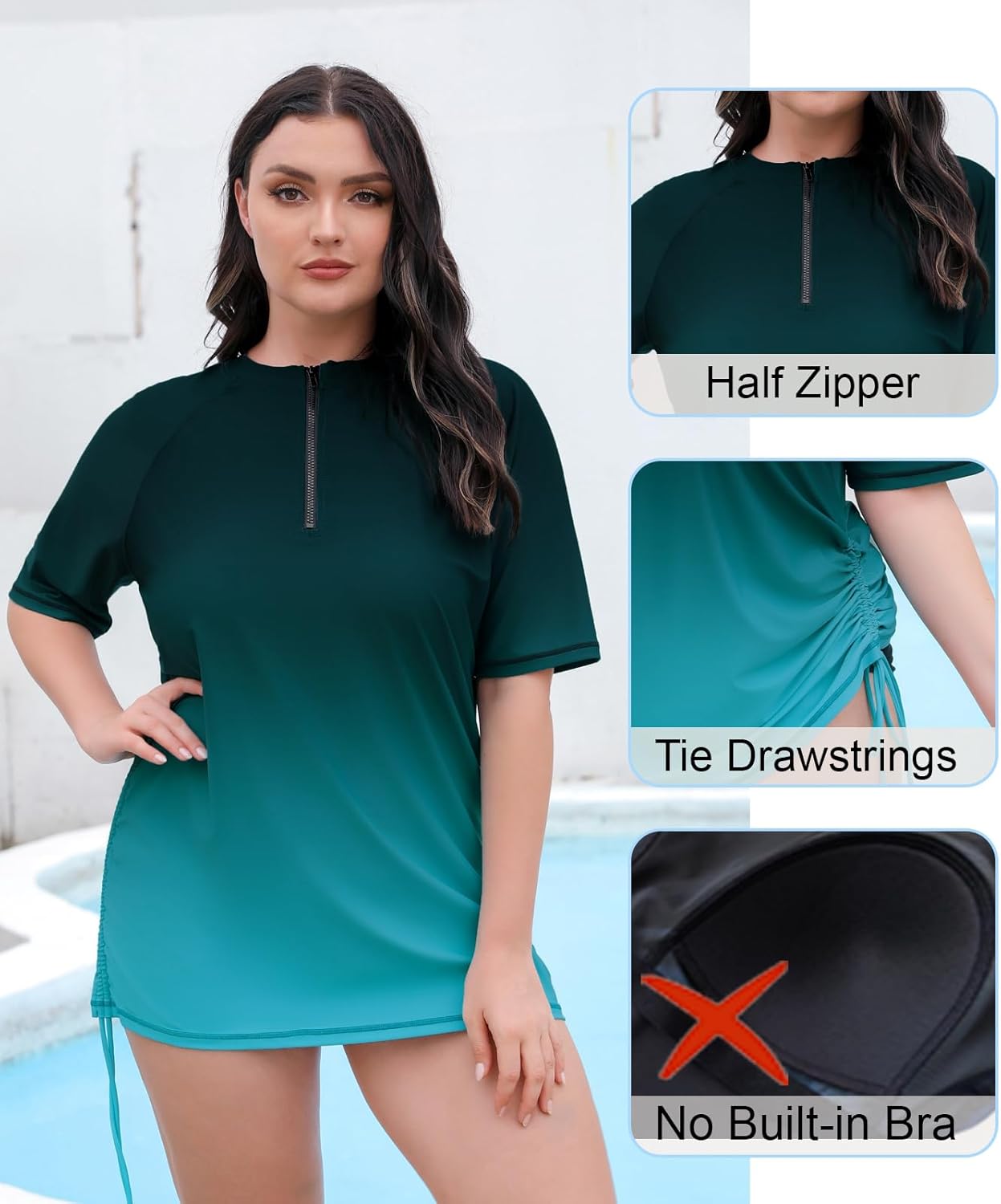 Halcurt Women's Plus Size Rash Guard Short Sleeve Swim Shirts with Tie Drawstring Half Zip UPF50+ Swimsuit Top - Image 4
