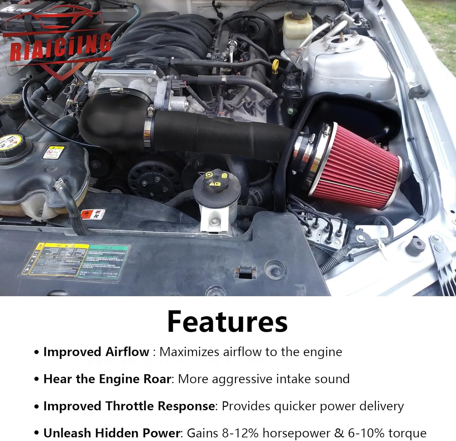 Cold Air Intake Kit Compatible with 2005-2009 Ford Mustang GT 4.6L V8, Increases Horsepower & Torque, More Aggressive and Sporty Induction Sound