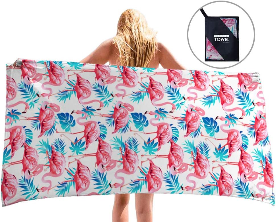uideazone Flamingo Microfiber Beach Bath Towel - 60" x 30" - Quick Dry, Sand Free, Lightweight with Zipper Bag - Compact, Perfect for Travel Towel and Beach Blanket