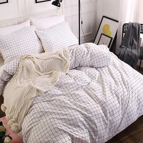 Miniatura 3 de Juego de funda de edredón de cuadrícula negra y blanca, tamaño Queen, juego de ropa de cama reversible a cuadros para niños y mujeres, decoración