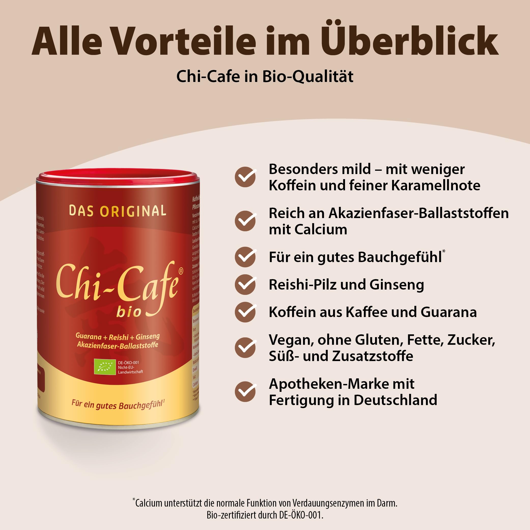 Chi-Cafe bio I 400 g Wellness Kaffee Getränkepulver mit Akazienfaser-Ballaststoffen I für eine gute Verdauung¹ I Reishi-Pilz, Ginseng und Guarana I cremig-mild, feine Karamellnote I vegan, 66 Tassen