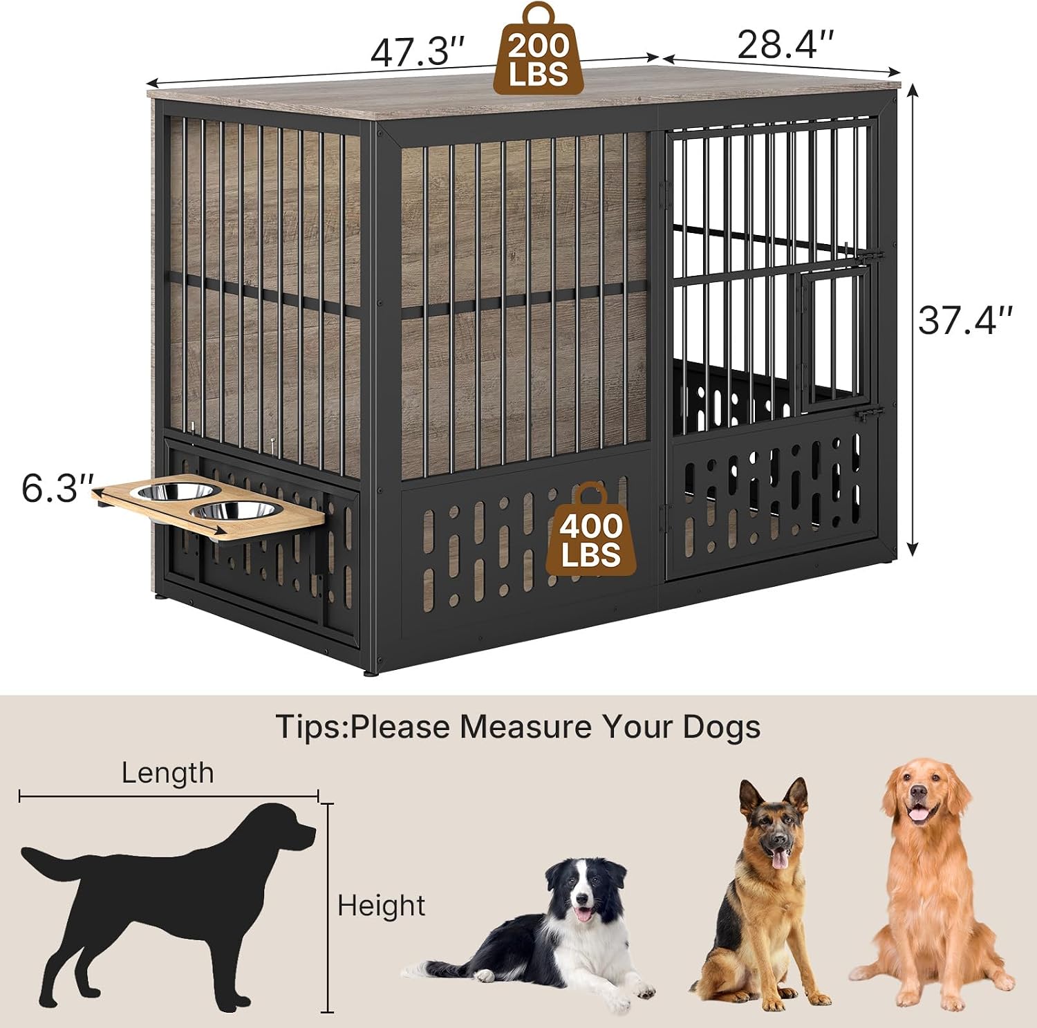 Rovibek 48 Inch Dog Crate Furniture, Wooden Dog Cage Furniture with Window and Adjustable Dogs Bowls 360° Rotatable, Heavy Duty XL Kennel Indoor as End Table, Grey