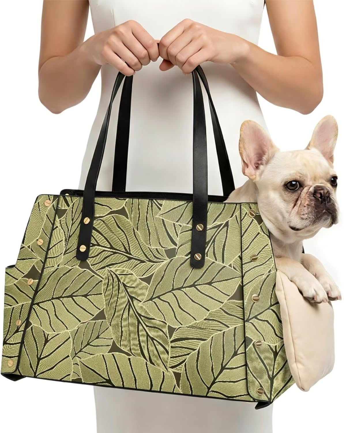 Green Leaf Leather Pet Carrier for Dogs Waterproof Dog Purse Carrier Removable Dog Soft Sided Carriers Collapsible Shopping Puppy Purse