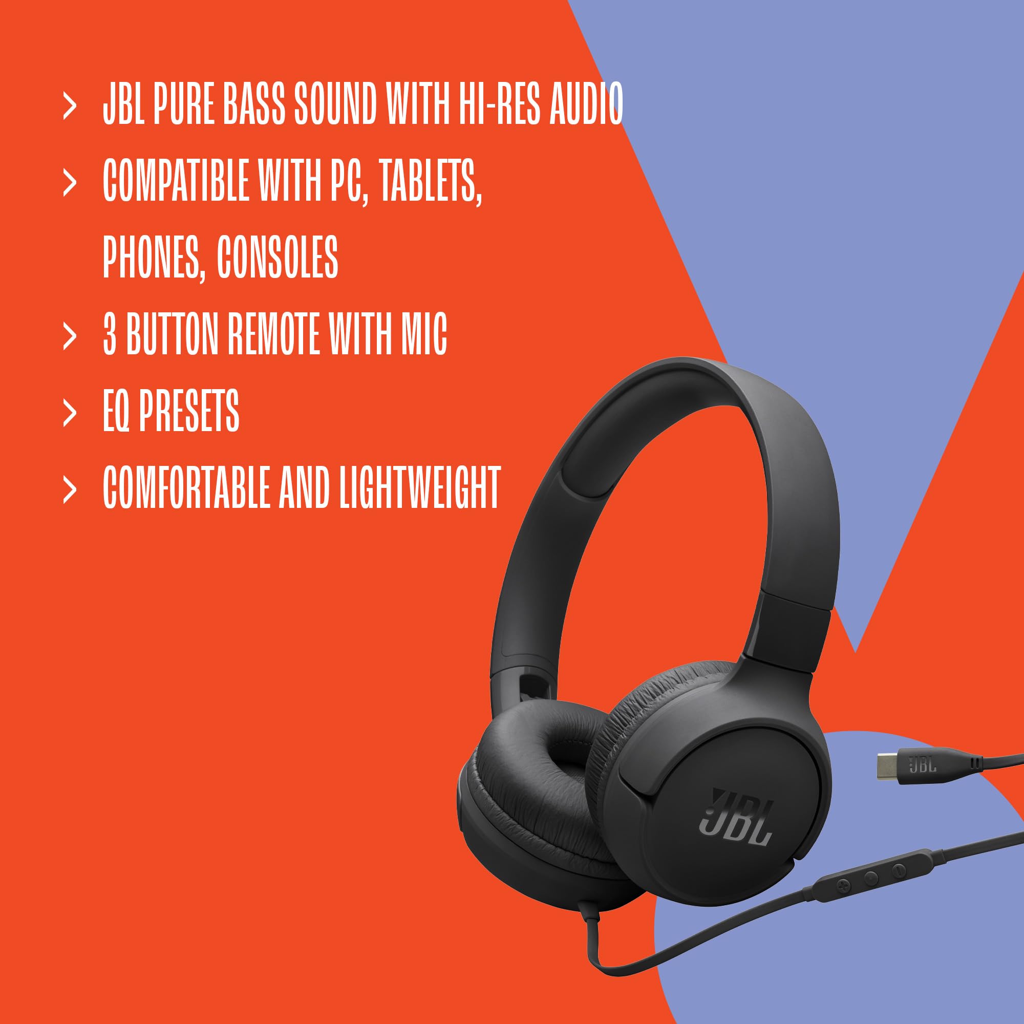 JBL Tune 520 C Cuffie con Filo On Ear, Microfono, Suono JBL Pure Bass, Preimpostazioni EQ, Connettività USB Tipo C, Design Pieghevole e Cavo Anti-Groviglio, Viola