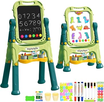 Kids Art Easel, Adjustable Drawing White Board & Chalk Board, Toddler Double Sided Easel with Painting Accessories, Birthday Gift for Girls Boy Age 3 4 5 Green