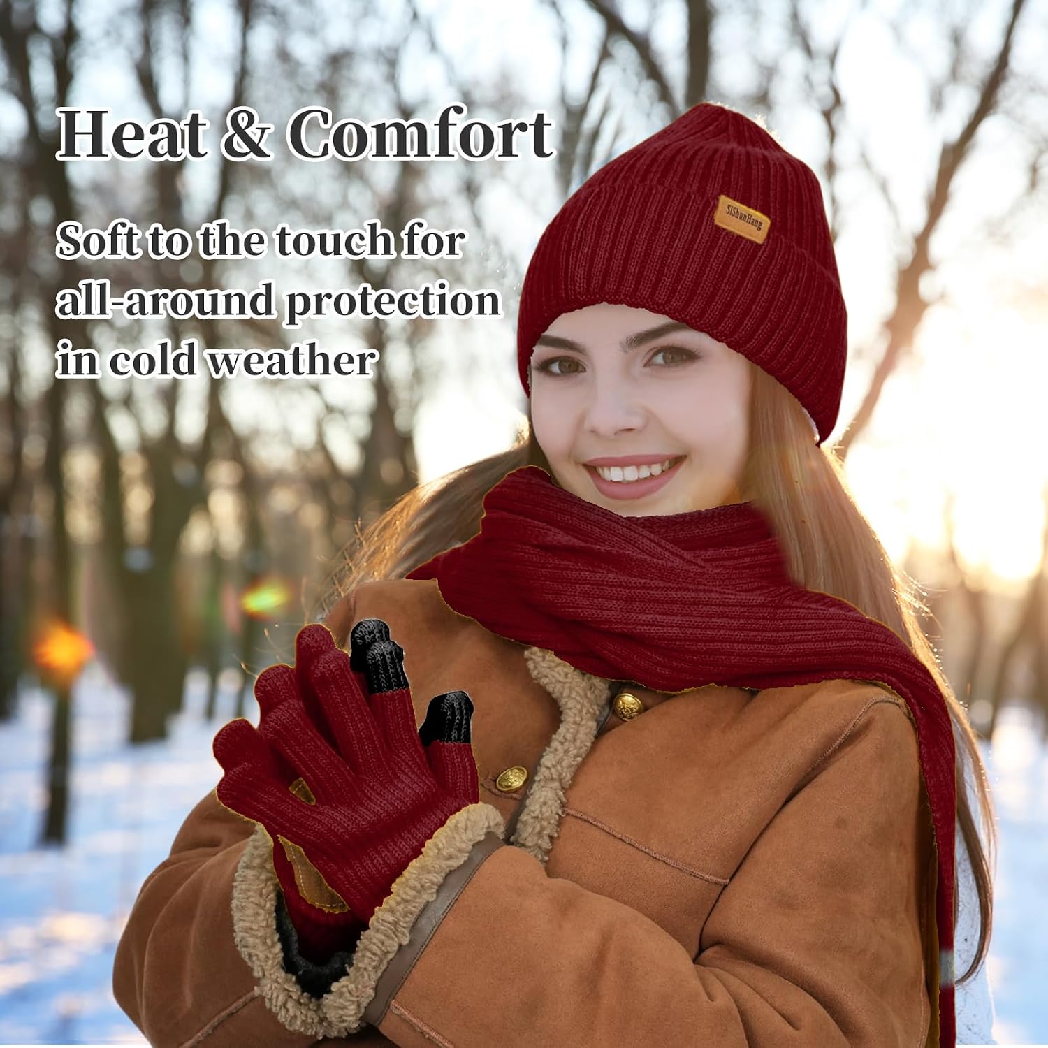 Winter Knit Beanie Hat Scarf Gloves Cold Weather Set, Warm Knit Beanie Long Scarf Touchscreen Gloves,Winter Gifts for Women