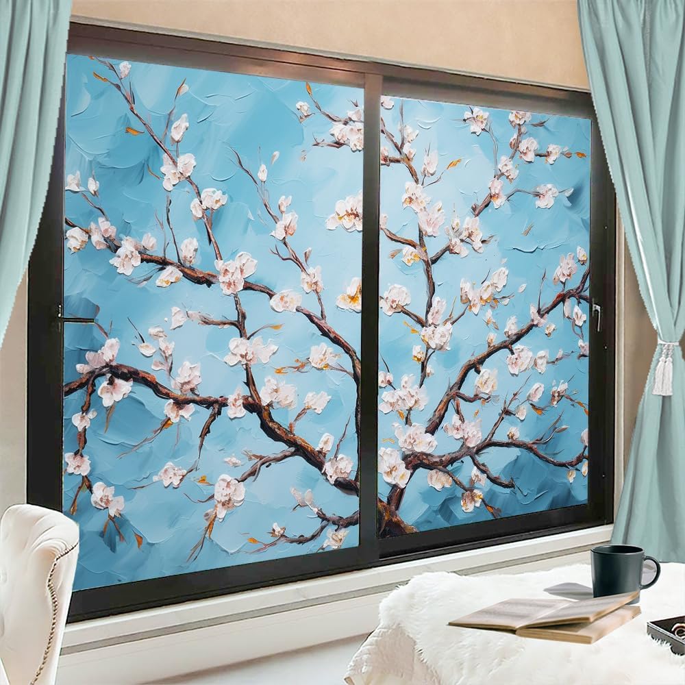 Watercolor Apricot Flower Window Film Coverings Rustic Flower Blue Background Modern Window Privacy Film Self-Adhesive Glass Film Decorative Sticker Frosted Film for Home 35.4Wx55.1L-inch x2 Pcs