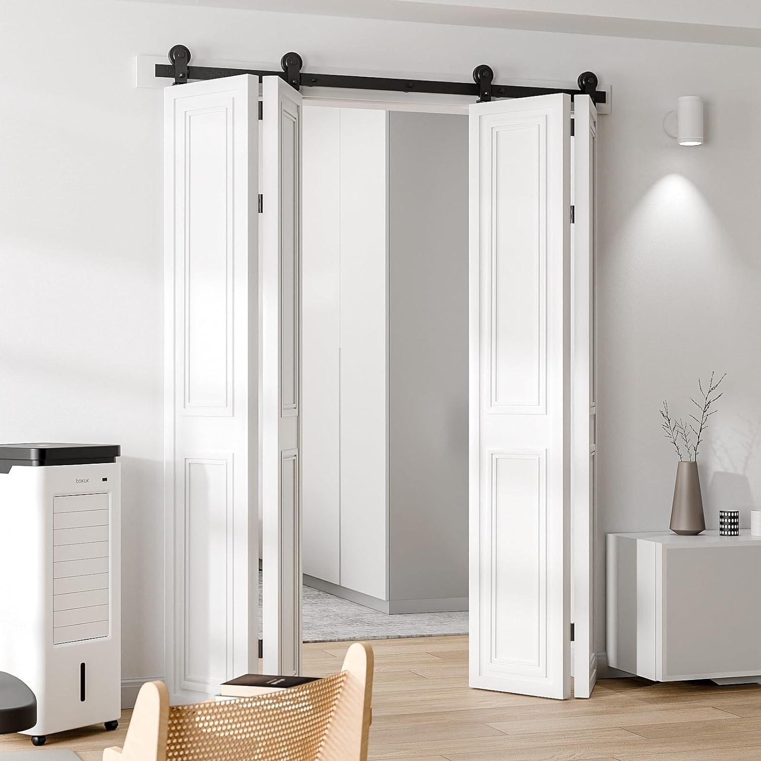 Zestaw akcesoriów do drzwi przesuwnych 167 cm, system szyn do drzwi do stodoły do 4 drzwi, łatwa instalacja, trwałe, wysokiej jakości akcesoria (tylko zestaw sprzętowy)