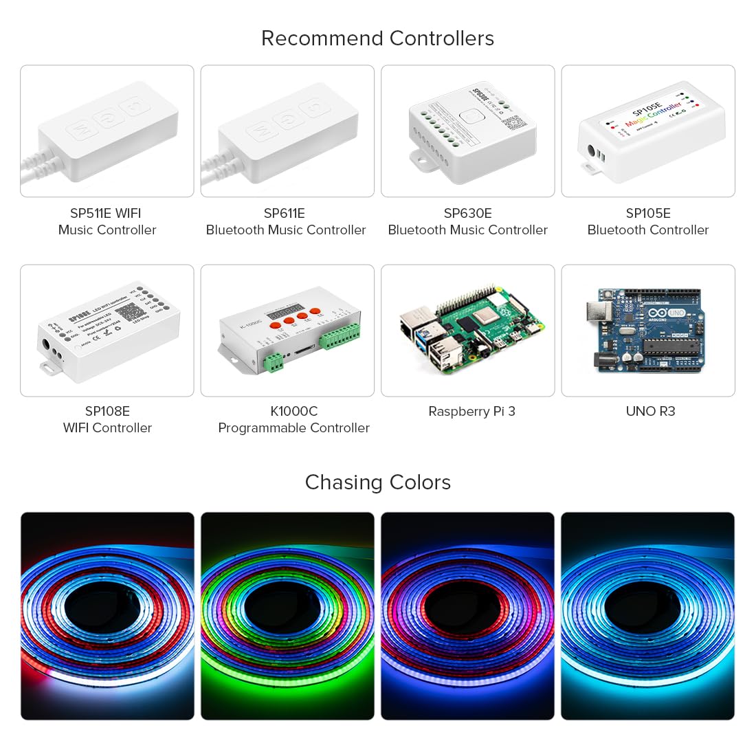 FCOB COB WS2811 IC RGB Direccionable Tira LED 5m DC24V 630LEDs/m 70IC 10mm | Negro PCB Cambio de color Regulable Flexible de Alta Densidad Uniforme para DIY(No Alimentación Controlador)
