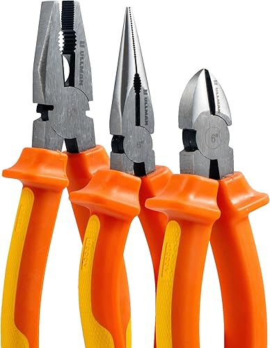 Miniatura 9 de Ullman Juego de 3 alicates aislados para electricistas y contratistas, incluye alicates de corte lateral de 8 pulgadas, 7 pulgadas de nariz larga y