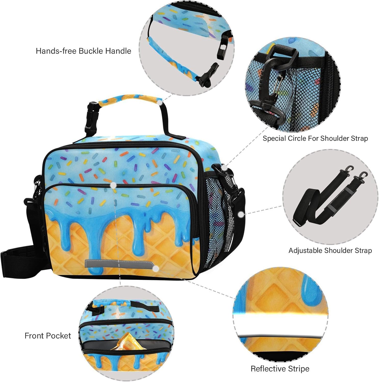 Blue Ice Cream Drip Lunch Bag for Women Men Summer Waffle Insulated Cooler Tote Bag with Adjustable Shoulder Strap Large Capacity Picnic Lunch Box Outdoor for Adult Office