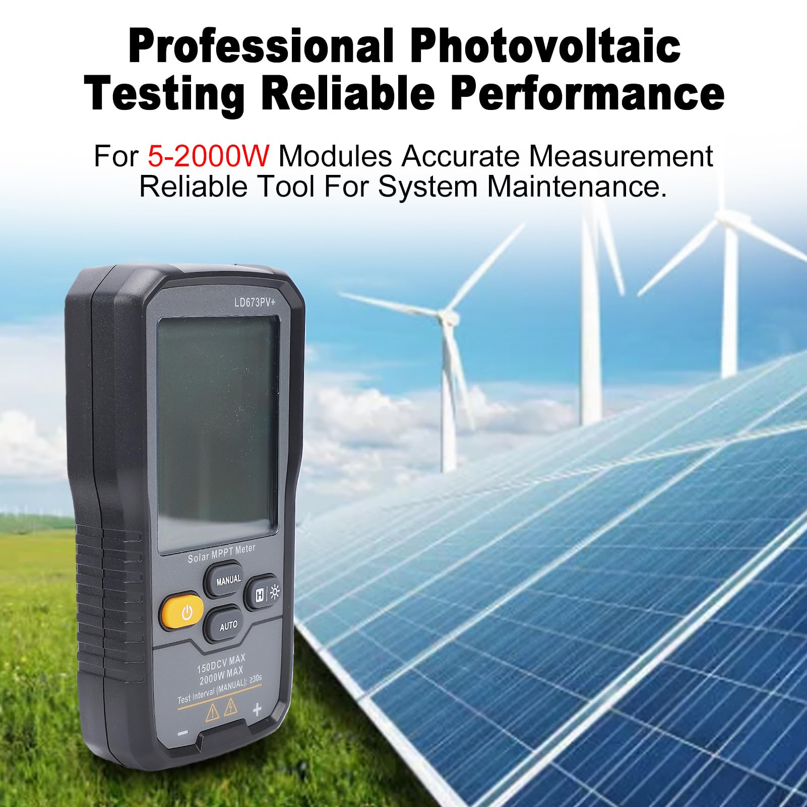 Cryfokt Tester Paneli Słonecznych, Tester Paneli Słonecznych 2000 W Miernik MPPT z Wyświetlaczem LCD, Automatyczny Ręczny Watomierz do Pomiaru Punktu Mocy dla Panelu Fotowoltaicznego