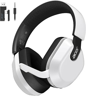 Auriculares Gamer Acer Wireless para PS5, PC, Micrófono Abatible con Silencio - Blanco | Batería de 70H, Auriculares Gamer 2.4GHz y Bluetooth 6.0, Audio de Baja Latencia de 20ms, Ligeros, Sonido Envolvente 3D, Plegables