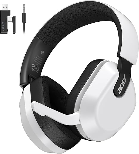 Acer Wireless Gaming Headset for PS5, PC, Flip-to-Mute Microphone - White | 70H Battery, 2.4GHz & Bluetooth 6.0 Gaming Headphones, 20ms Low-Latency Audio, Lightweight, 3D Surround Sound, Foldable