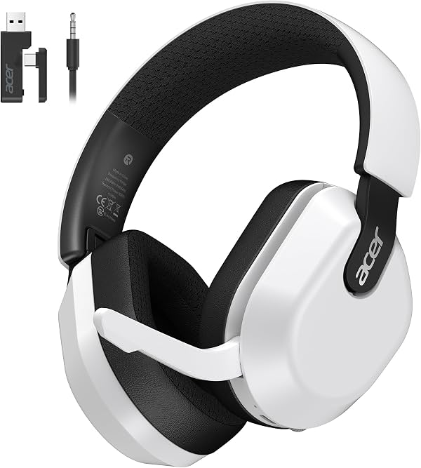 Auriculares Gamer Acer Wireless para PS5, PC, Micrófono Abatible con Silencio - Blanco | Batería de 70H, Auriculares Gamer 2.4GHz y Bluetooth 6.0, Audio de Baja Latencia de 20ms, Ligeros, Sonido Envolvente 3D, Plegables