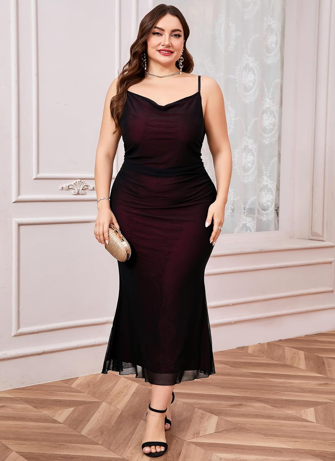 CYCLAMEN Plus Size Mesh Mermaid Dress Ruched Spaghetti Strap Fitted Sleeveless Cami Dresses Cocktail Party Wedding Guest, Black Burgundy, 1X - Image 4