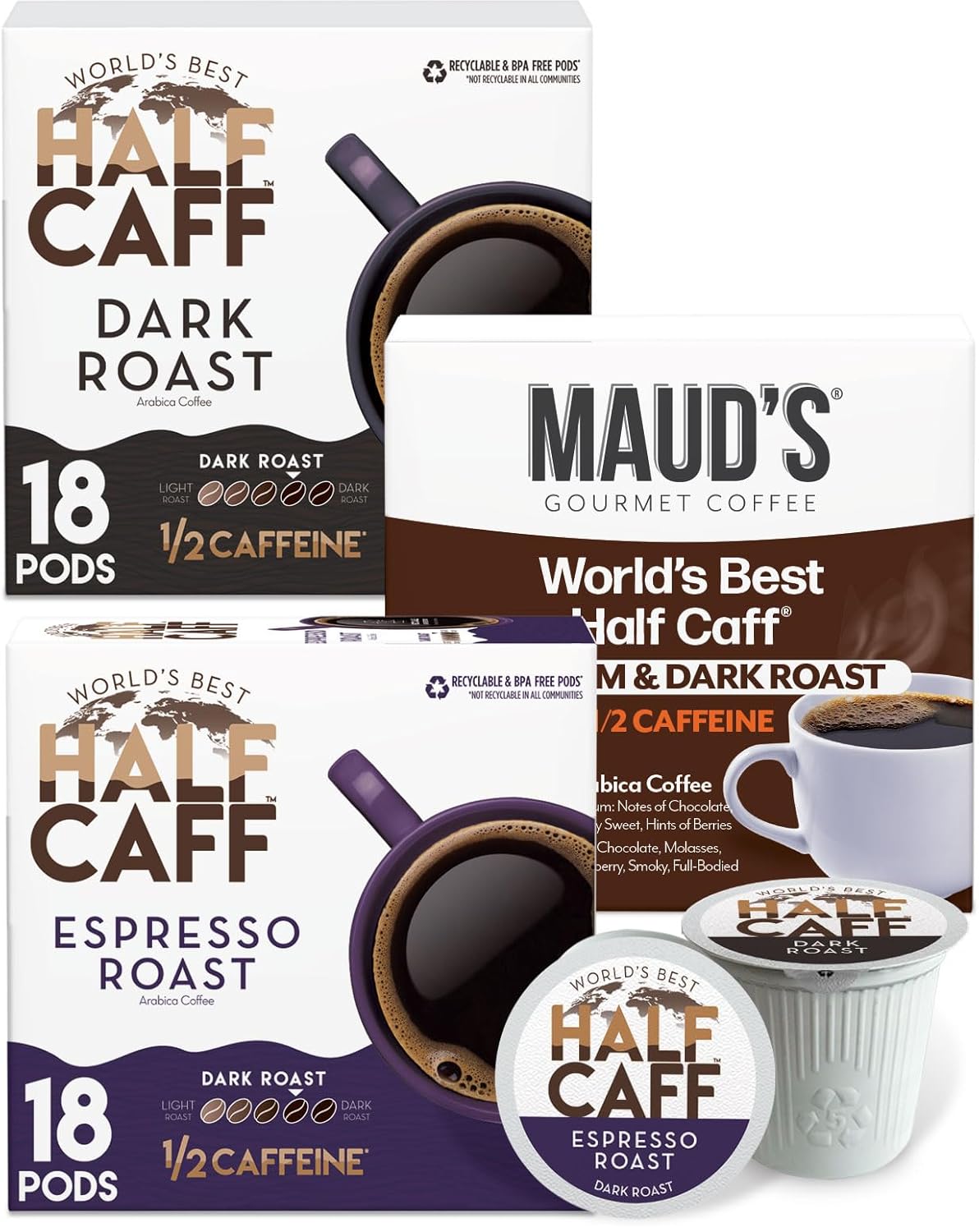 Maud's Half Caff Coffee Pods, 100 ct, Medium Roast Coffee in Single Serve Pods – 100% Arabica Coffee, Compatible with Keurig K Cups Maker