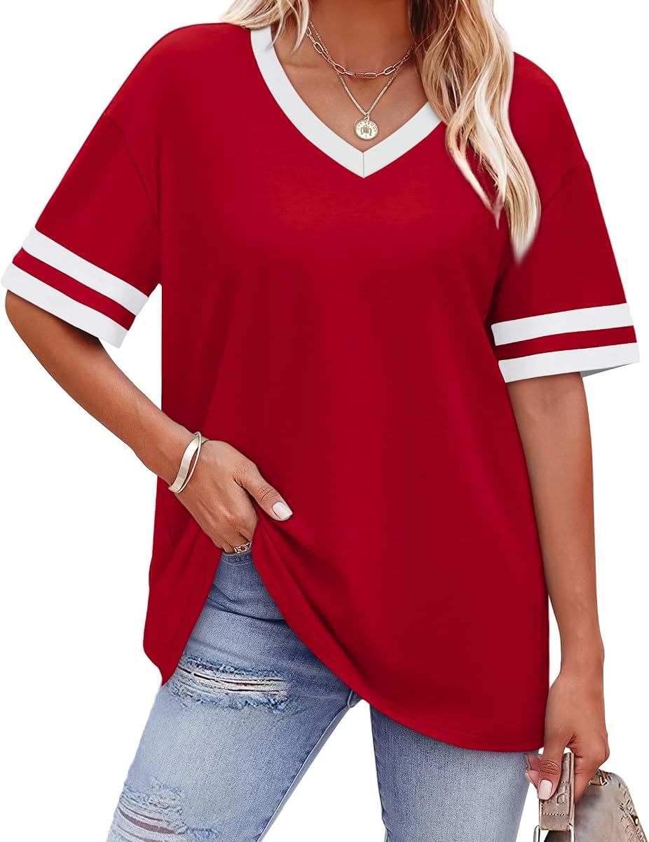 Camisetas para mujer Camisetas holgadas de manga corta con cuello en V Color Block Tops de verano 2026 Moda S-4XL