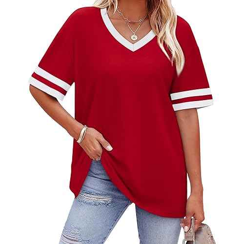 WIHOLL Womens T Shirts Loose Fit Short Sleeve Tees V Neck Color Block Summer Tops 2026 Fashion S-3XL