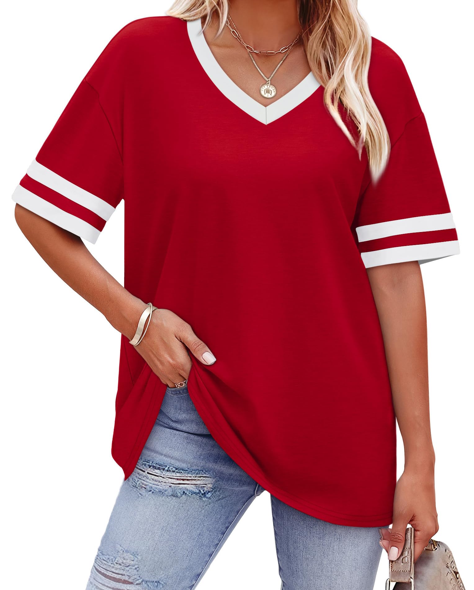 WIHOLL Womens T Shirts Loose Fit Short Sleeve Tees V Neck Color Block Summer Tops 2026 Fashion S-4XL OEKO-TEX STANDARD 100