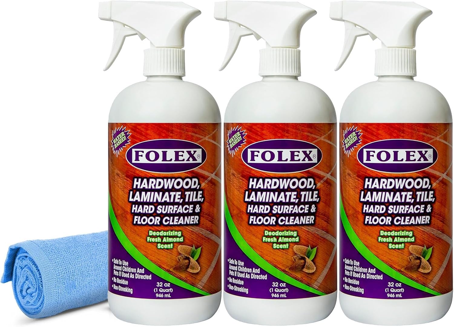 FOLEX Hardwood, Laminate, Tile, Hard Surface & Floor Cleaner with Reusable Cleaning Cloth, Fresh Almond Scent, Residue and Streak Free - 3 Pack
