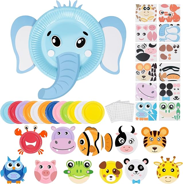LOOPES Arts and Crafts for Kids 12 Pack Animals Paper Plates Art Sets DIY Craft Kit with Double-Sided Adhesive Tape for 3-12 Years Old Boys Girls Gift & Educational Toys Kits