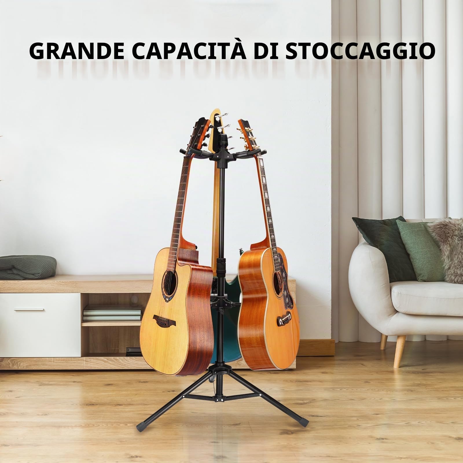 GUITTO Supporto Triplo per Chitarra da Pavimento Universale per Chitarre Acustiche, Elettriche, Bassi, Banjo, Pieghevole, Multi Supporto per Chitarre GGS-06T