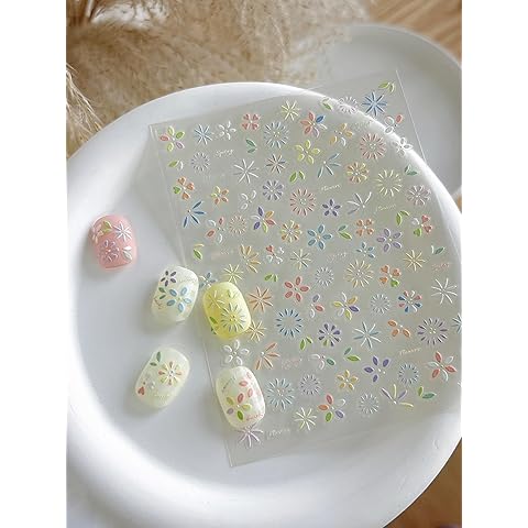 5D Embossed Flower Nail Art Stickers Daisy Nail Stickers Cute Flower Nail Decals Se...