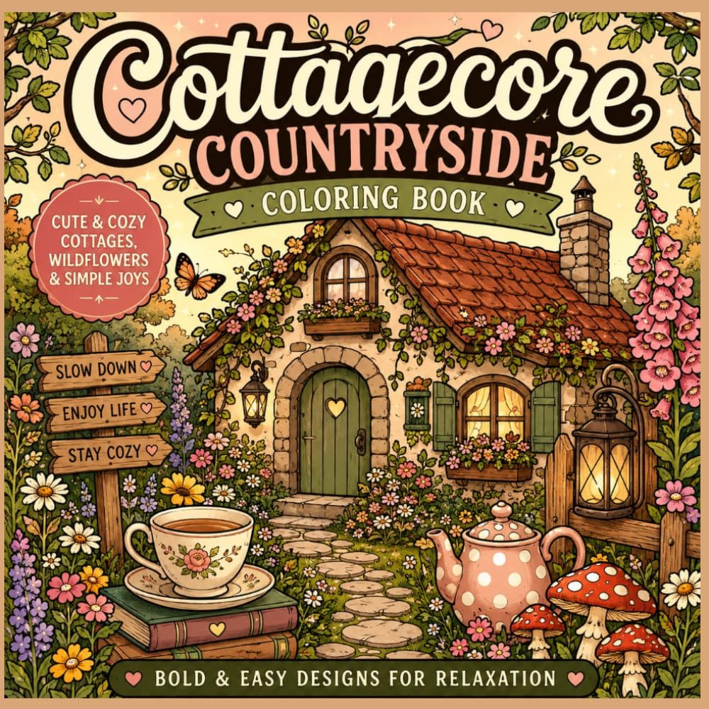 Bold & Easy Cottagecore Coloring Book: 50+ Cozy Cabins, Wildflower Gardens, Mushrooms, Tea Time & Relaxing Country Scenes for Adults and Seniors