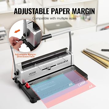 VEVOR Coil piral Binding Machine, Manual Book Maker 34-Holes Binding 120 Sheets, Punch Binder with Adjustable Side Margin, for Letter Siz- 9/16 Ce, A4, A5