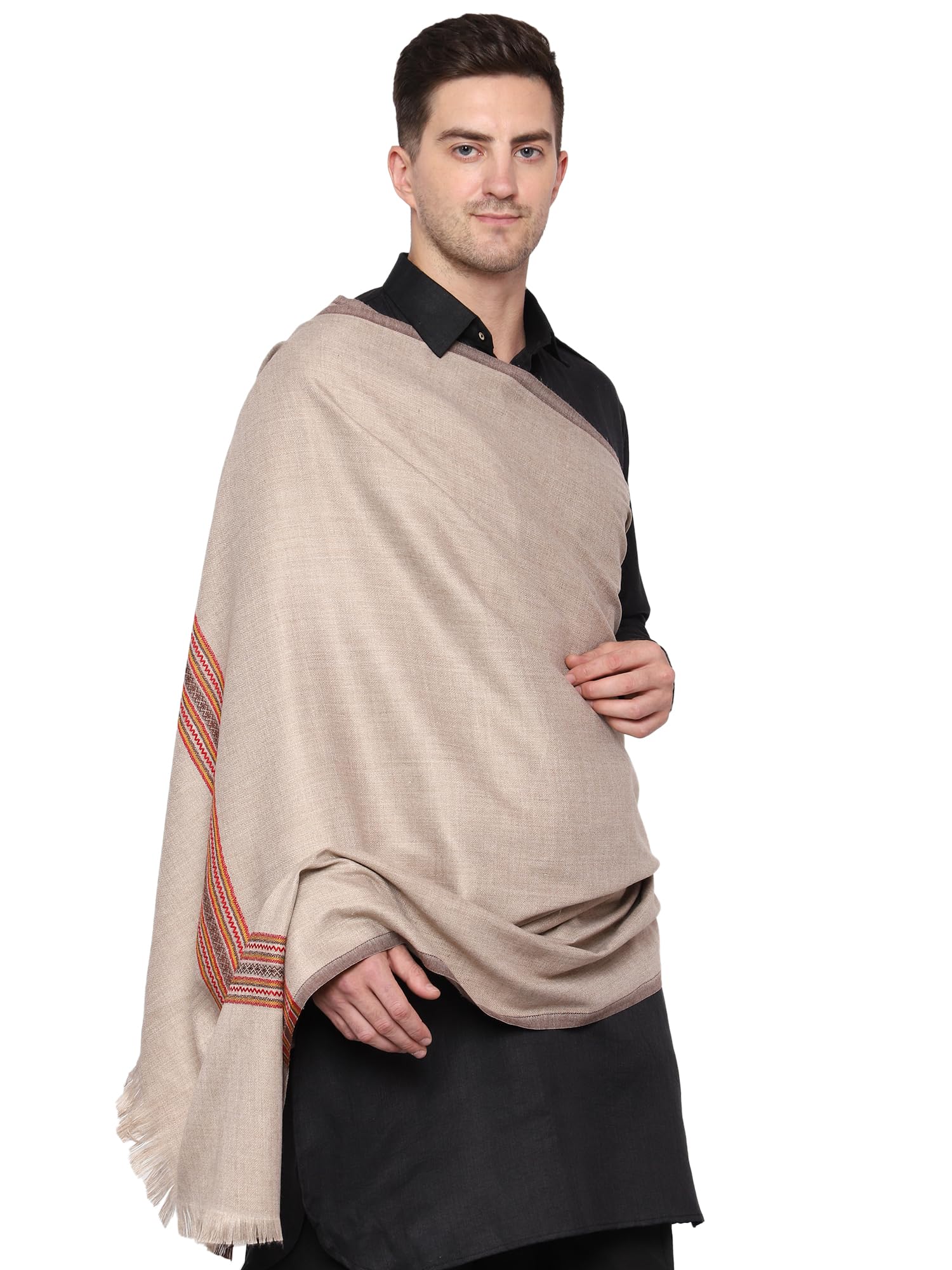 Weavers Villa Men's Poly Wool Kullu Border Lohi Shawl (Light Grey), 112Cm X 225Cm