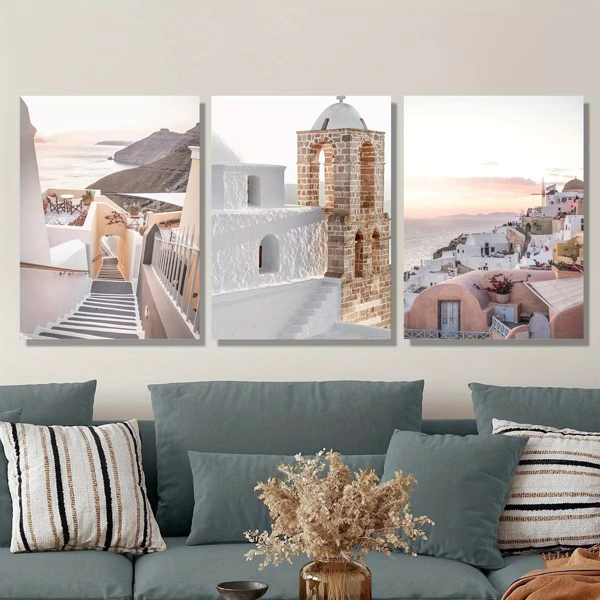 Lienzos decorativos para pared con diseño costero de Grecia, estilo isleño beige (60x80cm - 3 piezas)