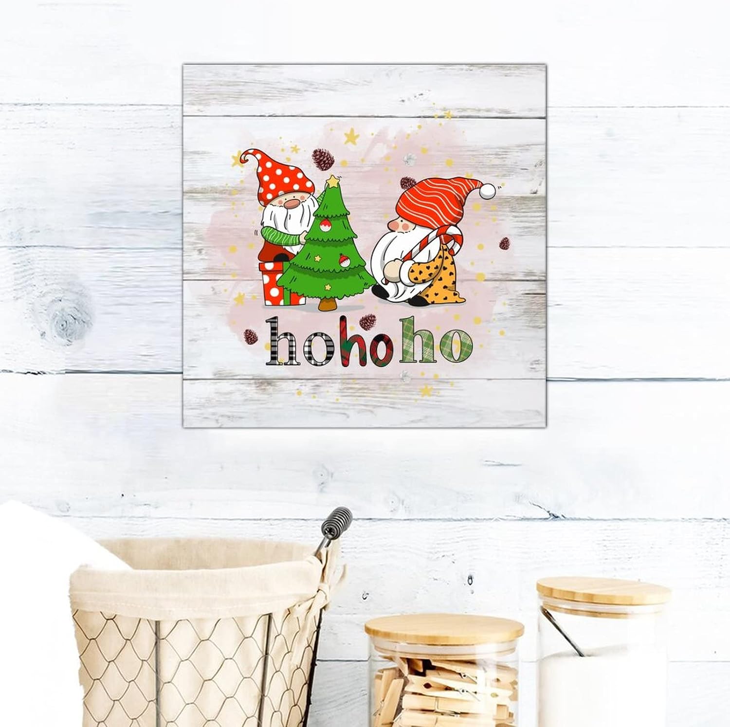 Buffalo Plaid Christmas Hohoho Wooden Sign Classic Winter Gnome Together Wood Plank Hanging Sign Merry And Bright Wood Decor Farmhouse Wall Hanging Plaque For Home Kitchen Living Room Table 16x16in