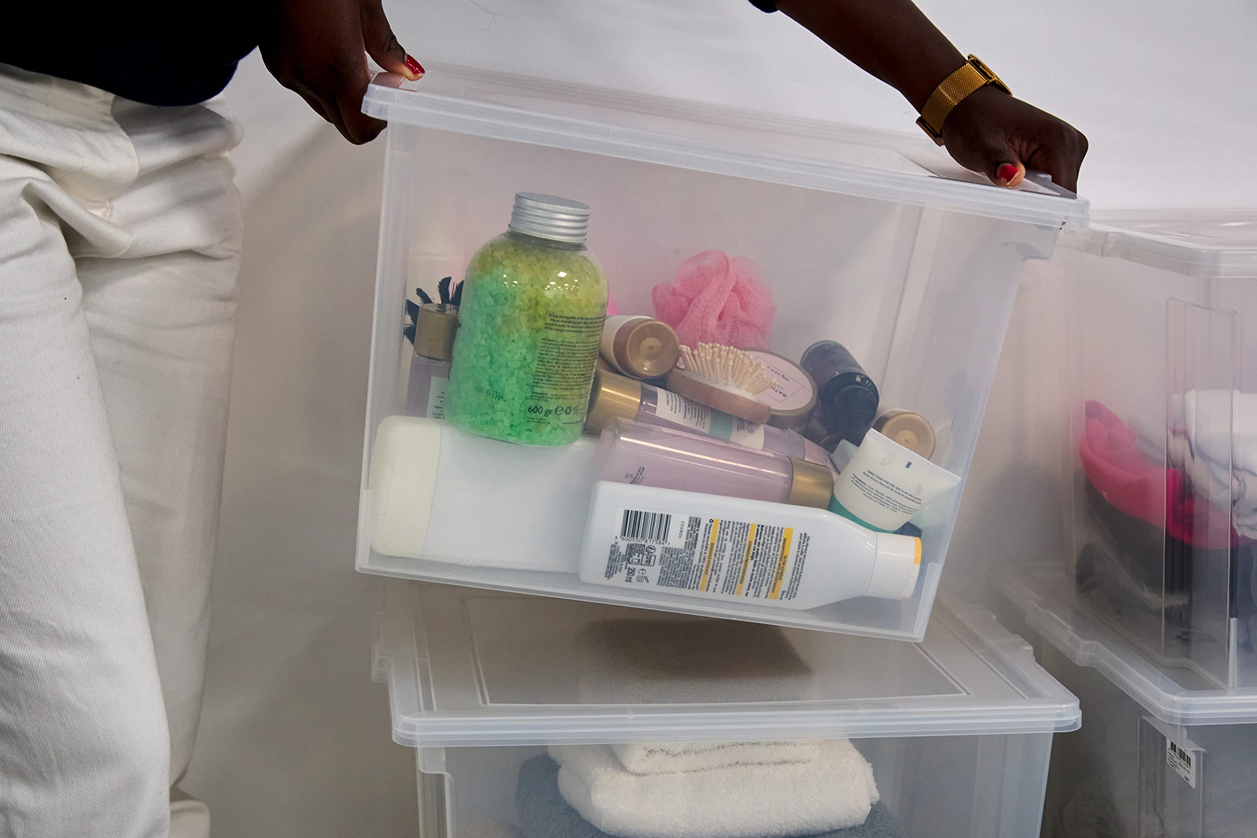 Iris Ohyama Vielseitige Aufbewahrungsbox mit Deckel, Stapelboxen, 30L, 6er-Set, Transparent, Stapelbar, Plastik, Für Schrank, Regale, Organisation, Kleidung, Bettlaken, Plastikbox mit Deckel, USB-M