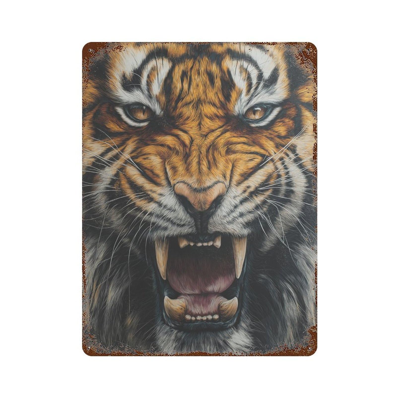 Vintage Rust Metal Sign Roaring Tiger Illustration 15.7"x11.8", Old School Wall Decor for Garage, Bar And Workshop Decor