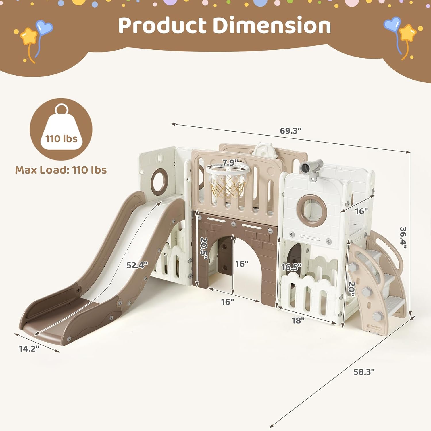 Arlopu 9 in 1 Toddler Slide Set, Kids Large Climber Slide Playset w/Long Slope, Telescope, Storage Space, Enclosed Steps, Indoor Outdoor Playground (Beige & Brown)