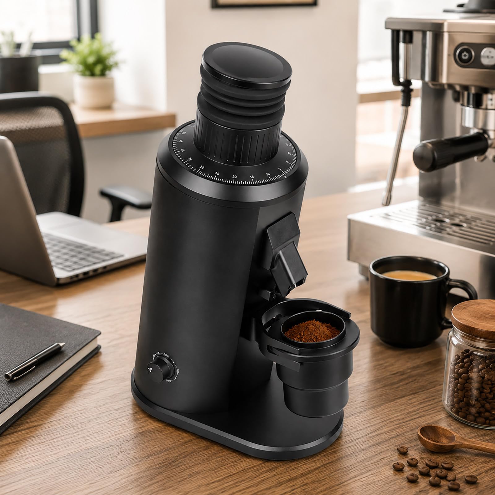 vnmudzeo Variable Speed Coffee Grinder - 80mm Flat Burr Espresso Grinder with 800-1600 RPM Control, Magnetic Chute, Dosing Cup and Bellows Hopper Black