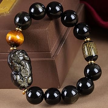 Feng Shui Bracelet,Feng Shui Bracelet Pixiu Dragon Bracelet Golden Obsidian Bracelet Gemstone Crystal Bracelet Wealth Amulet Good Luck Bracelet for Women Men,Single pixiu,12mmSingle Pixiu,10mm