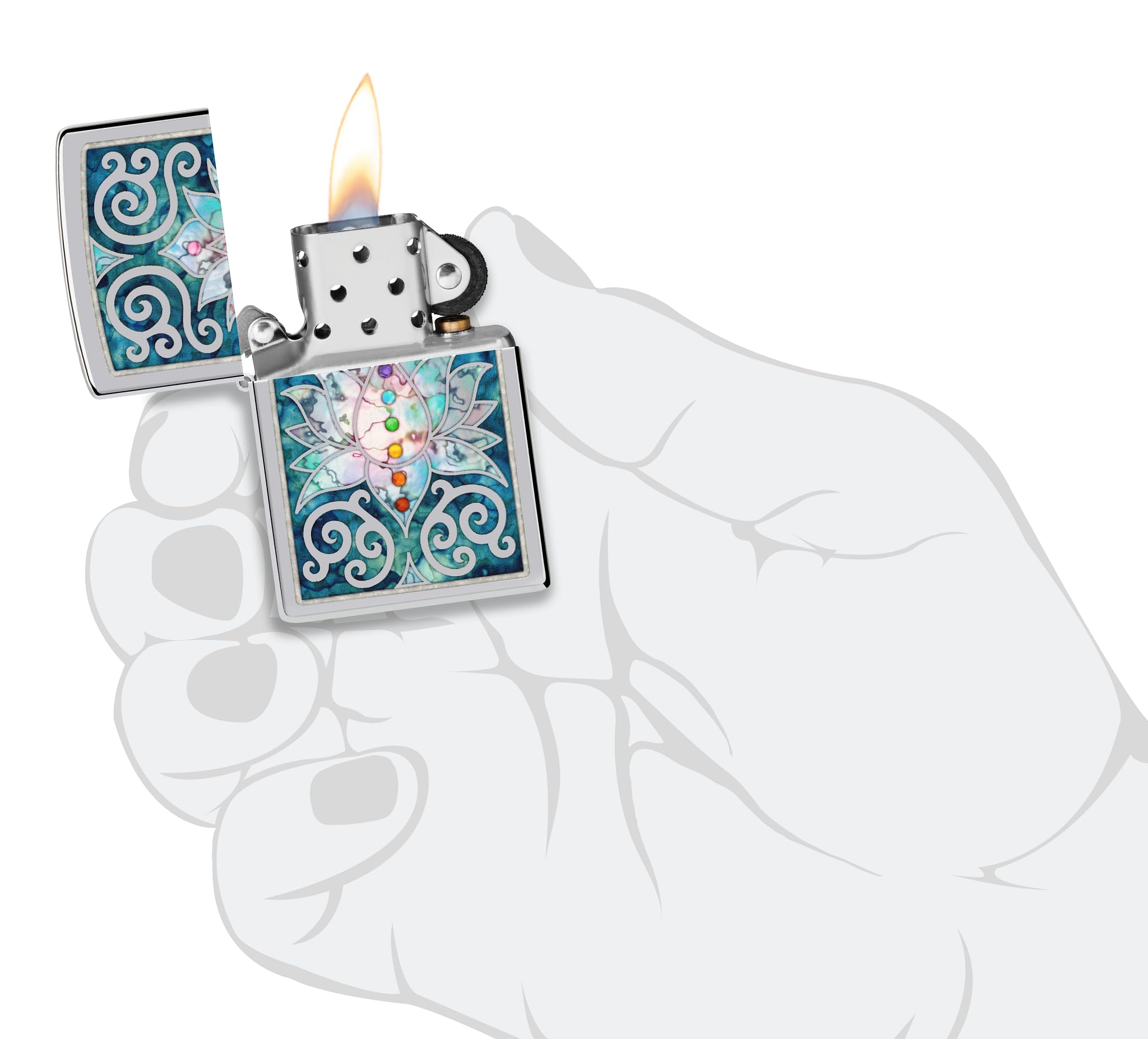 Zippo - Briquet Tempête Motif Fleur De Lotus, Chrome Poli, Impression Fusion, Rechargeable, Réutilisable, Coupe-Vent, Coffret Cadeau, Fabriqué Aux États-Unis