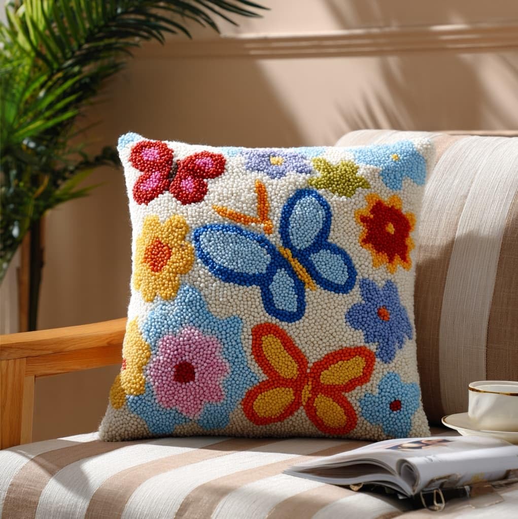 Henypt Latch Hook Cushion Making Set 17x17in,Flowers and Butterflies Beginner Friendly DIY Needlecraft Craft Kit for Adults,Ideal for Sofa & Bedroom