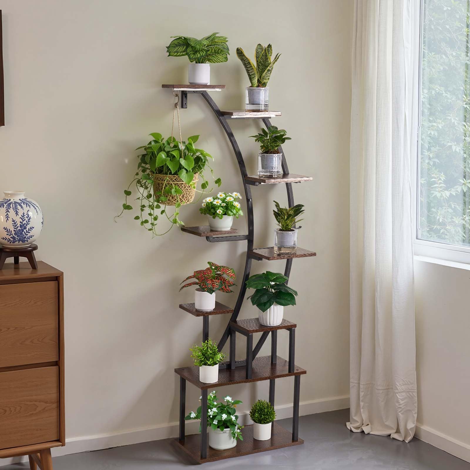 VEVOR Scaffale per Piante Moderno con Luci di Crescita, Scaffale Illuminato per Piante a 9 Livelli Alto 1600 mm, Supporto Angolato in Metallo, 3 Timer e 10 Livelli di Luminosità, Espositore per Fiori