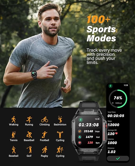 SOUYIE Military Smart Watch for Men Answer/Make Call, 2.02 Outdoor Sport Smartwatch with Flashlight, Heart Rate Blood oxygen Blood Pressure Sleep, 100+ Sport Modes Fitness Tracker for Android and iOS