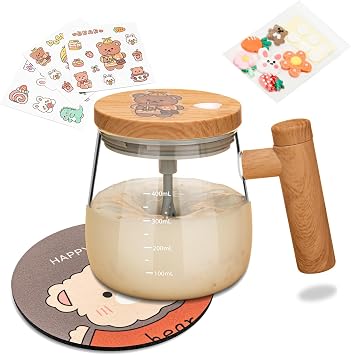 Self Stirring Mug With Lid, Self Mixing Cup, Electric High Speed Blender Mug, 400ml High Borosilicate Glass Mug Home Office for Coffee, Milk, Protein Wood grain