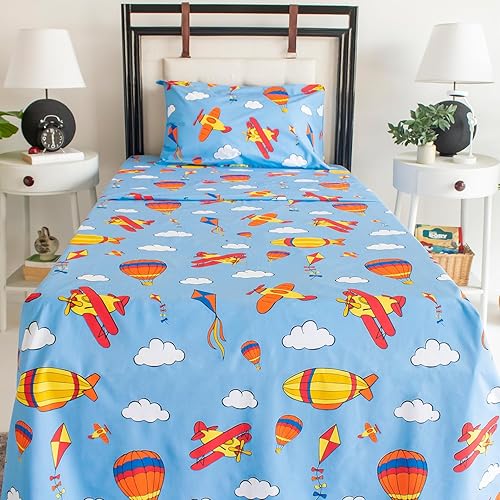 Nikki Peter - Juego de sábanas para niños y niñas, 100 % algodón, diseño de globo aerostático en las nubes, tamaño individual, color cielo, juego de