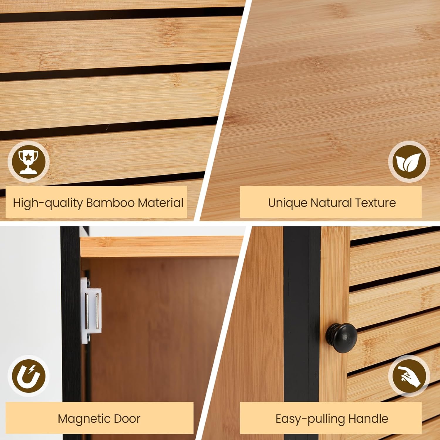 35" Bamboo Bathroom Storage Cabinet with Open Shelf, Solid 3 Tier Freestanding Floor Cabinet with Sliding Door, Waterproof Bamboo Organizer for Bathroom, Kitchen, or Entryway