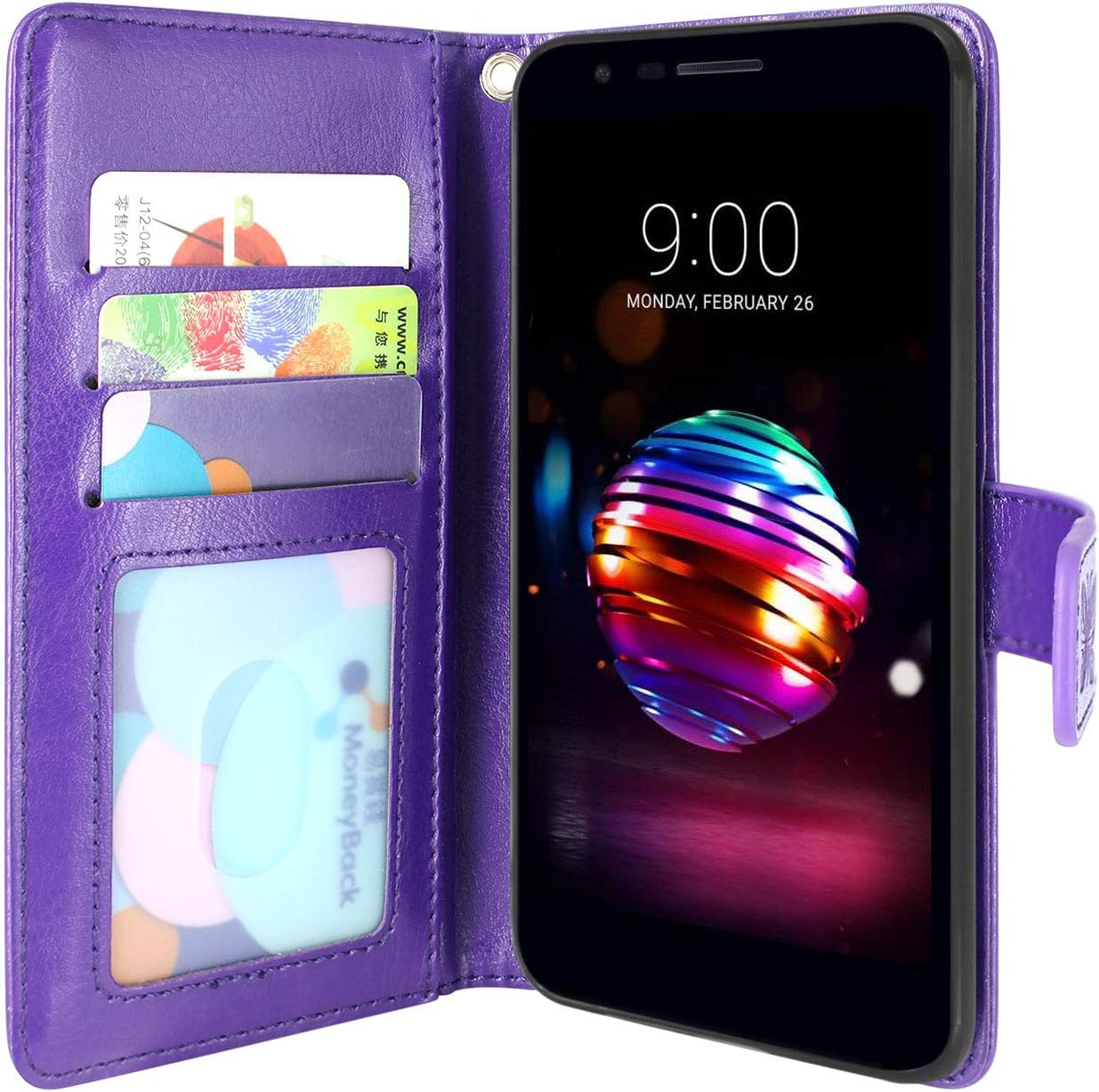 LG K30 Case, LG K10 2018 Case, LG Premier Pro Case, Lacass Cat Tree Pattern PU Leather Flip Wallet Case Cover Kickstand with Card Slots and Wrist Strap for LG K30 (X410) - Purple