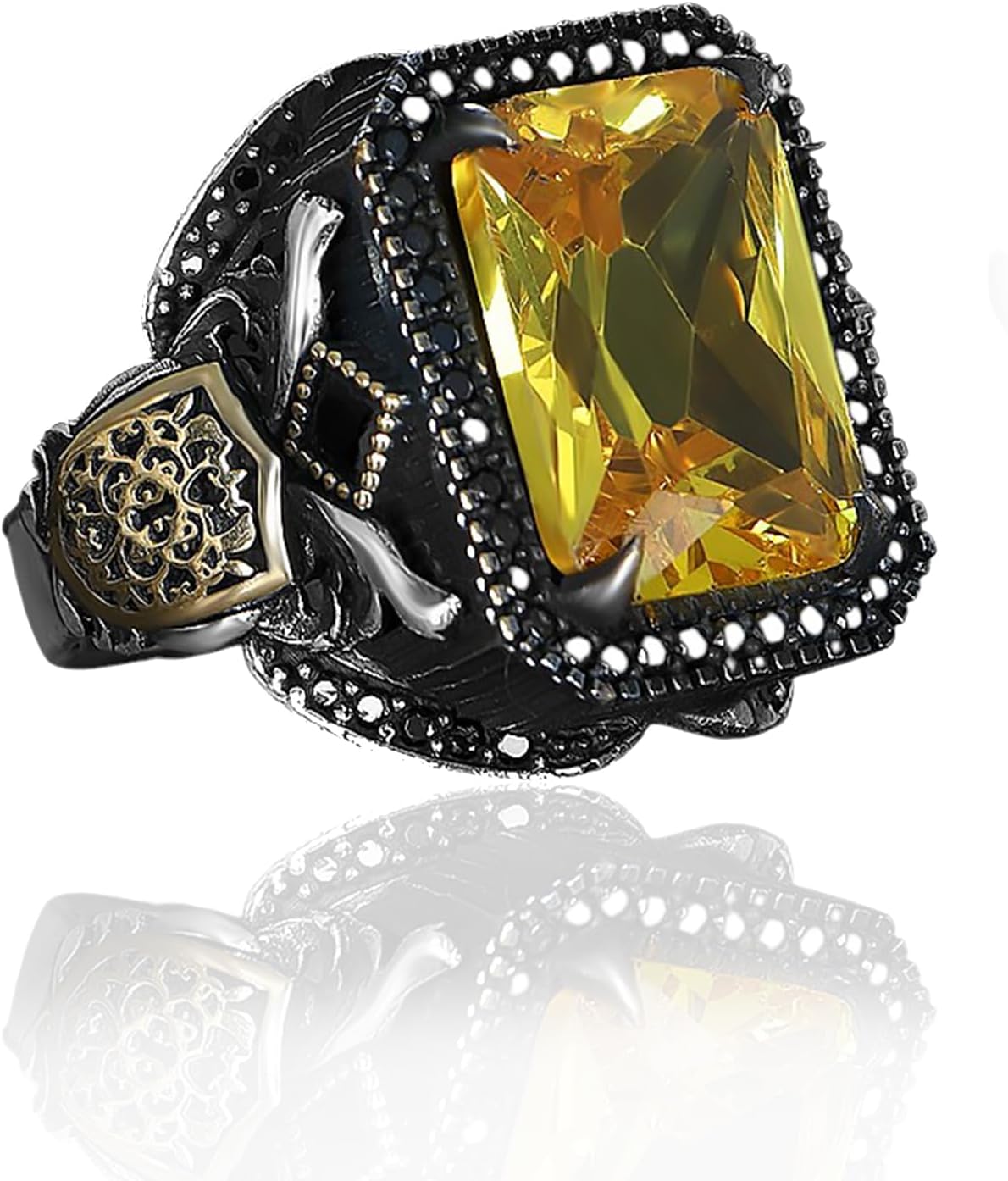 BayVog Men's Sterling Silver Ring with Citrine Gemstone – Square-Cut Yellow Stone Statement Ring with Antique Crest Accents