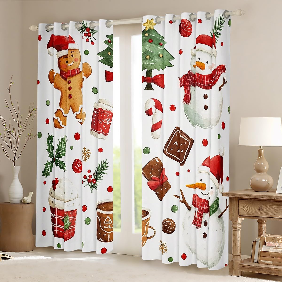 Gingerbread Man Window Curtains Christmas Snowman Darkening Blackout Curtains Happy New Year Window Treatments Xmas Pine Tree Bowknot Grommet Top 2 Panel Set Drapes,42Wx90L