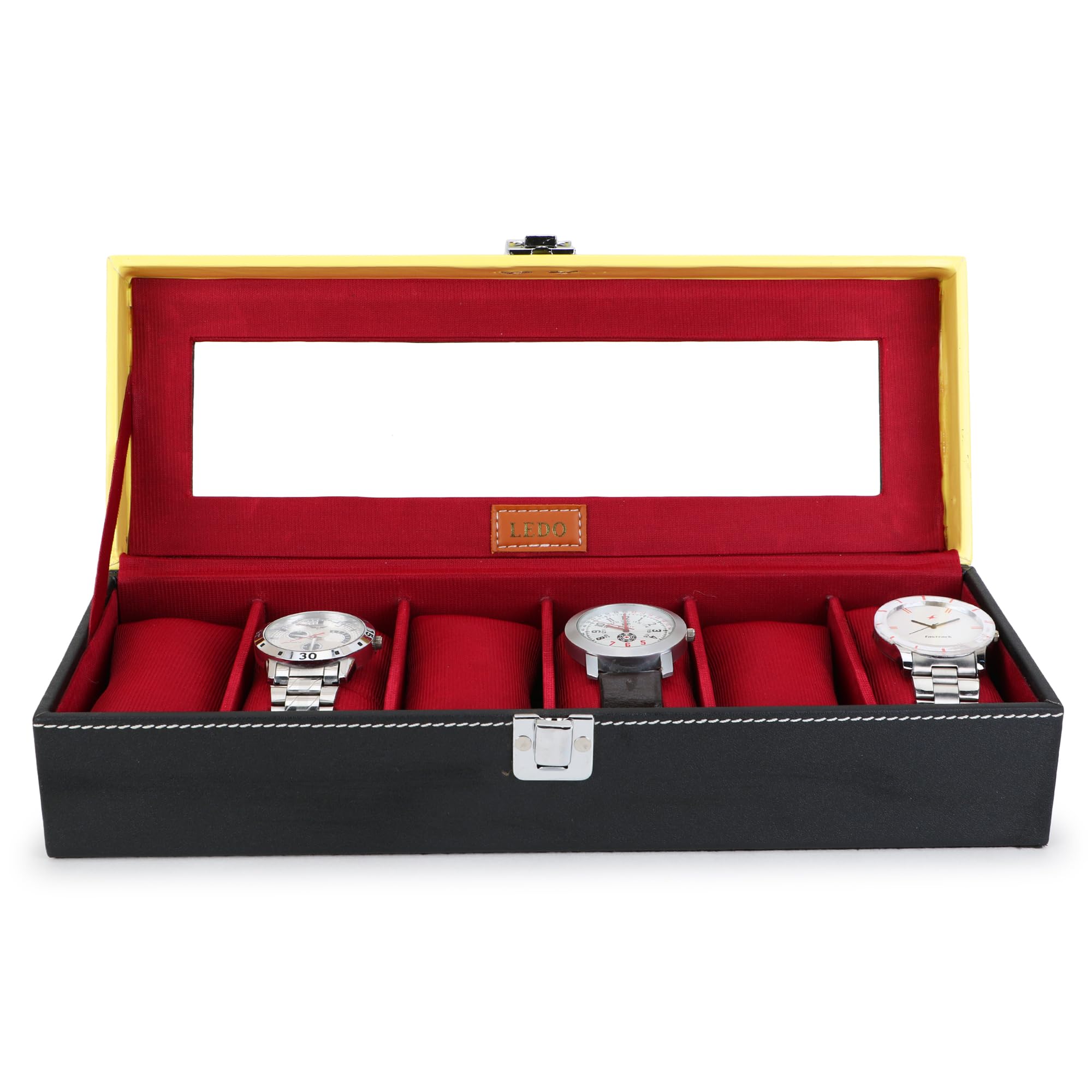 LEDO Faux Leather Watch Case Box Organizer In 6 Slots Of Watches With Transparent Look Black & Cherry Color (B0CFG4V2G8) Amazon Price History, Amazon Price Tracker